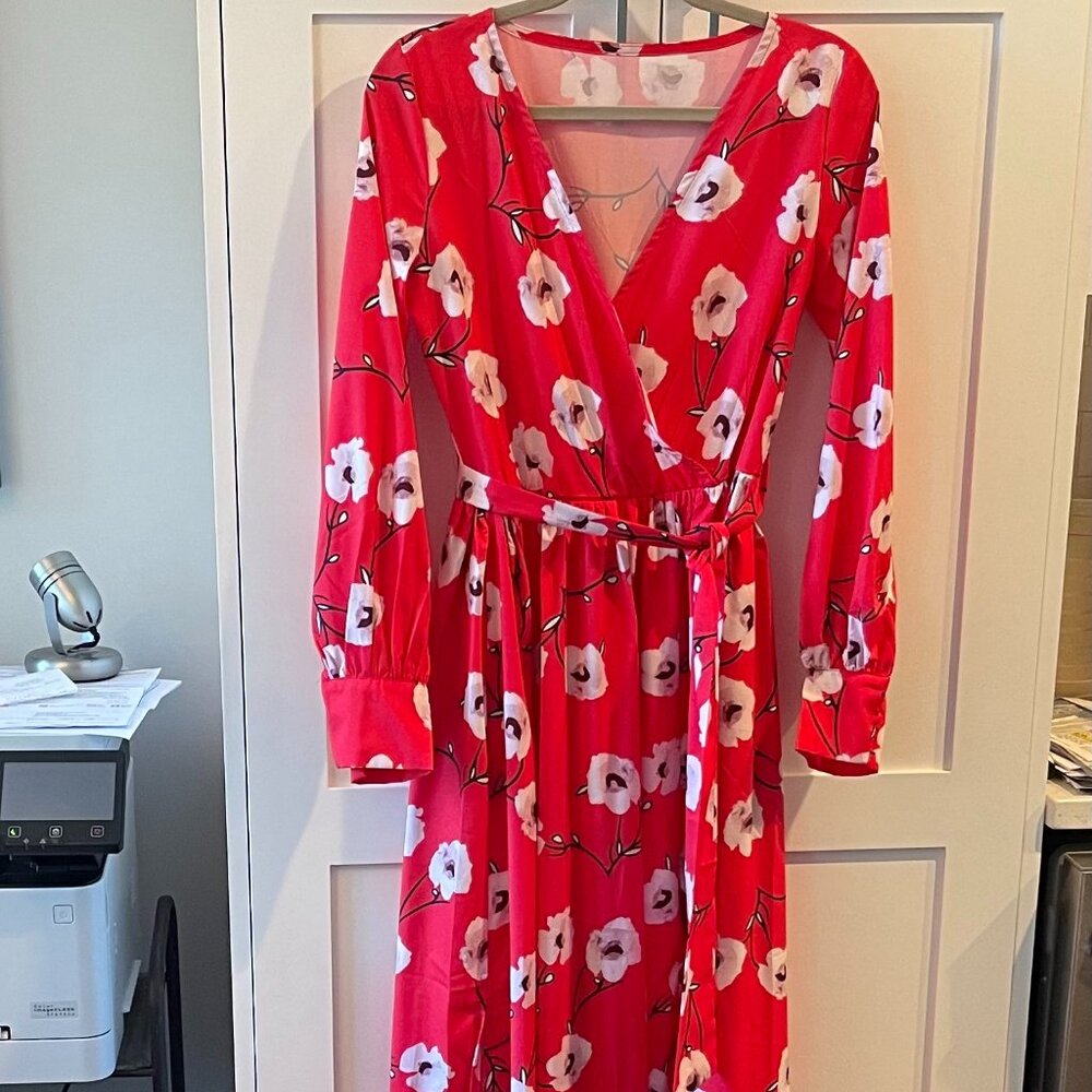 NEW Bright Red and Floral Silky Maxi Dress - Medium